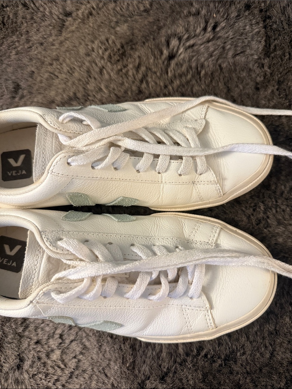 Veja White Leather Sneakers with Pale Mint V Accent - Picture 2 of 6